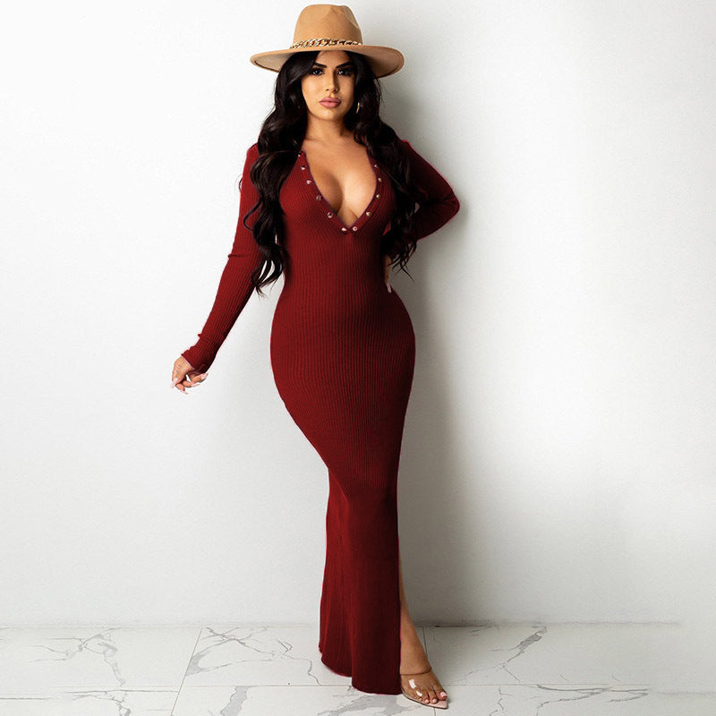 Lapel Backless Long Sleeves Slit Midi Skirt