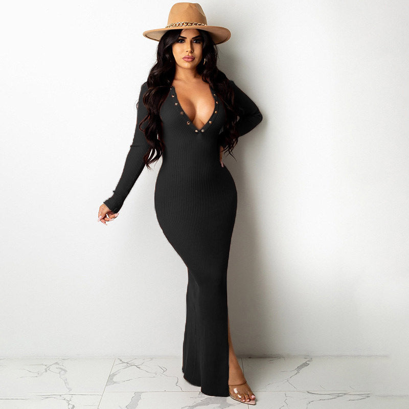 Lapel Backless Long Sleeves Slit Midi Skirt